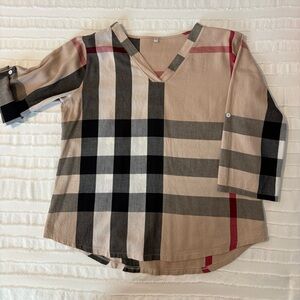 Beige Plaid V-Neck Tunic Top with Black & Red Stripes